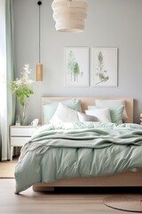 Contemporary scandinavian bedroom interior. Wooden double bed with white and green pillows and blanket. Minimalist furniture, natural plant in vase and two posters in rectangular white frames on wall