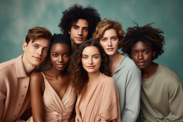 A diverse group of friends, each personality shining against a pastel canvas, celebrating the beauty of individuality within a harmonious bond. Concept of diversity and unity. Generative Ai.