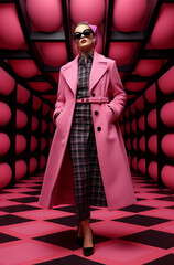 A young, beautiful, and confident girl stands in an elegant pink coat in front of a wall of unusual shape in pink