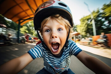 Fototapeta premium Cheerful kid riding a bicycle on a summer day