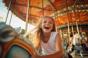 Cheerful kids riding an amusement ride on a summer day