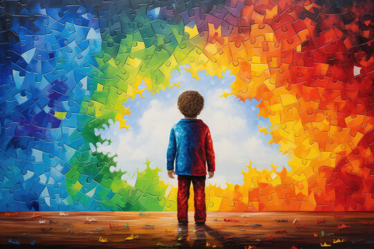 Boy standing in front of rainbow colored puzzle wall