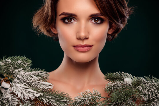 Photo of stunning gorgeous lady in fir branch costume dress magic miracle winter christmas character