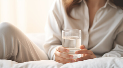 Woman in bed holding a glass of water in hand. Happy morning. Girl in pajamas. Healthy lifestyle, wellness. Drinking water. Morning with water. Sunlight on linens. Pillow, blanket. Generated AI - obrazy, fototapety, plakaty