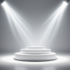 Obraz premium generative ai. A white podium under the spotlights on a solid gray background. Spherical podium of steps for product presentation and advertising.