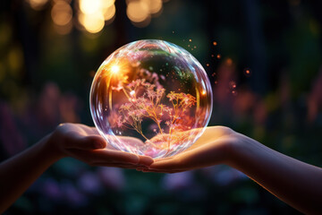 Fototapeta premium A pair of hands holding a delicate soap bubble, capturing the fleeting beauty and fragility of life. Concept of transience and wonder. Generative Ai.