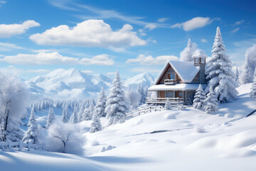 A snowy winter landscape with evergreen trees and a charming wooden cabin, evoking the serenity and magic of a white Christmas. Generative Ai.