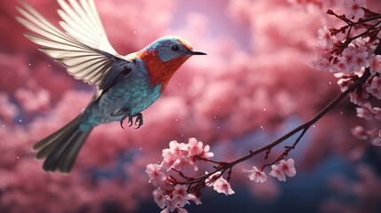 Fototapeta premium Spring Bird Flying Towards Flower-Covered Tree