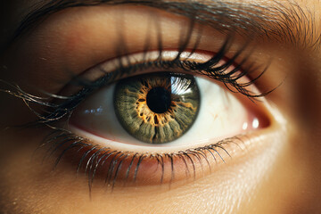 Naklejka premium The close-up examination of a beautiful female eye emphasizes intricate details and a natural makeup look within a fashion context. Generative Ai.