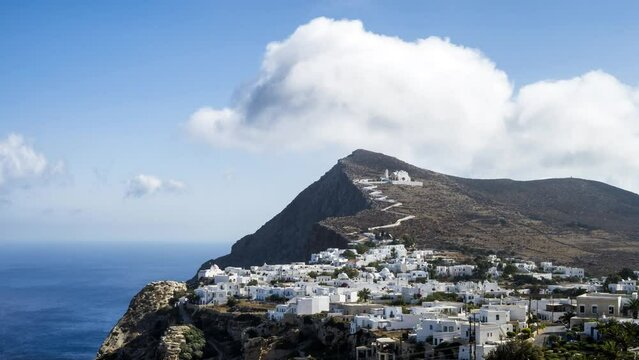 Timelapse of Clouds above the Hora of Folegandros Island with Panaghia Church.