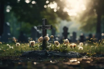 Fotobehang The image highlights the solemnity of a Catholic cemetery, with a grave marker and engraved cross, set against a softly blurred backdrop. Generative Ai. © Sebastian