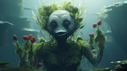 Underwater Swamp Creature Surrounded by Hearts - obrazy, fototapety, plakaty