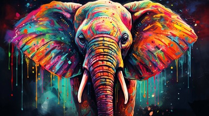 Colorful painting of a elephant with creative abstract elements as background. create using a generative AI tool  - obrazy, fototapety, plakaty