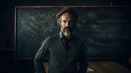 Teacher in Front of a Blurred Blackboard. create using a generative AI tool 