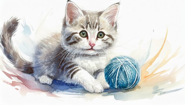 Kitty playing with a wool ball painting, watercolor style art illustration