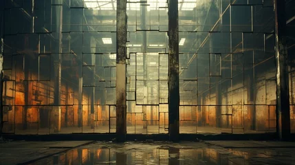 Gordijnen Old factory warehouse grid windows with broken glass. create using a generative AI tool  © Ahtesham