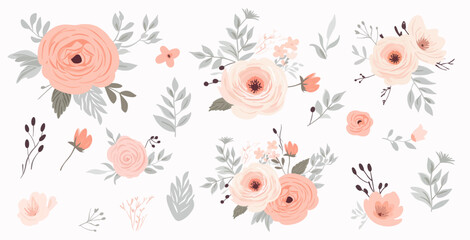 White ash rose and ivory peony, vector collection of flowers in bouquets. powder pink flowers on white. Floral wedding set in pastel colors. All elements are isolated and available for editing.