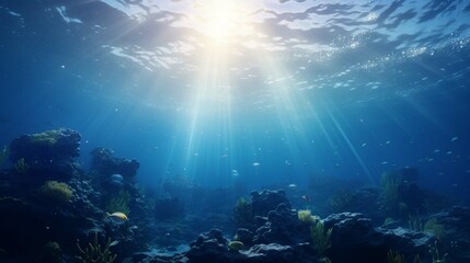 Fototapeta na wymiar Under the sea background clipart shows light rays underwater ocean floor. create using a generative AI tool 