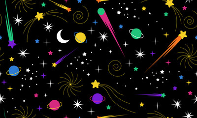 Seamless pattern with stars. Hand drawn stars texture. Night starry sky. Space universe or dark black cosmos pattern with constellation, falling meteorites, comets and twinkling stars light © Katsiaryna Hatsak