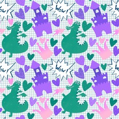Cartoon dinosaur seamless Christmas dragon pattern for wrapping paper and fabrics and linens and kids clothes print