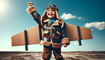 Joyful young boy in pilot costume with cardboard wings imagining adventure in the skies - obrazy, fototapety, plakaty