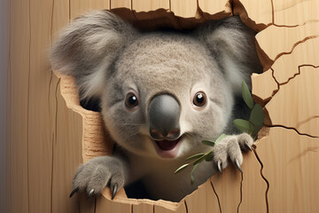 A koala bear sticking out of a hole in the wall, in the style of photorealistic renderings, lively facial expressions, shiny eyes, gerardo dottori, smilecore
created using generative Ai tools