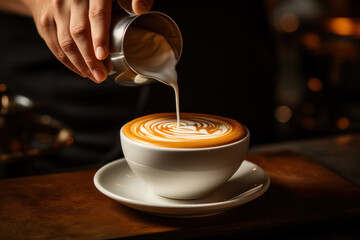 A skilled barista meticulously prepares a beautifully layered cappuccino with latte art, showcasing...