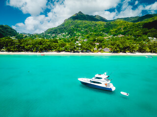Sailing luxury yacht at sea cost at sunny day in Mahe, Seyshelles