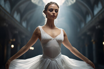 A graceful ballet dancer strikes a pose mid-performance, conveying the elegance and beauty of classical dance. Ballet performance and dancer. Generative Ai.