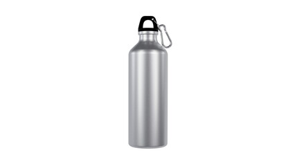 Silver metal water bottle with carabiner isolated on transparent and white background. Bottle concept. 3D render