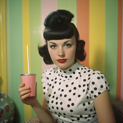 Photo of young cheerful woman with beautiful hairstyle drinking milkshake  in retro american cafe