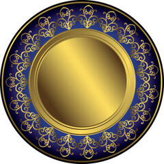 Vector vintage golden decorative plate with floral ornament isolated on white