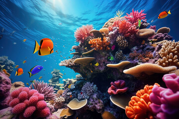 Fototapeta na wymiar A vibrant coral reef teems with colorful marine life, illustrating the wonders of underwater ecosystems. Coral reef and marine biodiversity. Generative Ai.