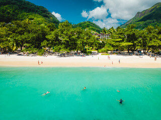 Panoramic landscape of the popular Beau Vallon Beach of Mahe island, Seychelles. Tropical beach in the Indian ocean, travel postcard