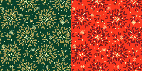 Christmas seamless pattern with decorative mistletoe branches. Wrapping paper design in two colour variations green, gold and red, gold. - 678911620
