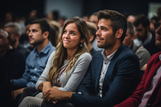 A young couple attending a homebuyer's seminar to learn about the mortgage process. Concept of education and informed decisions. Generative Ai.