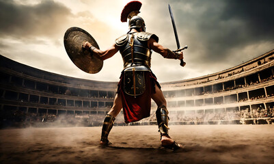 one Fighter. alone Roman soldier. Colosseum warrior fighting in gladiator's arena. greek soldier with sword and shield. warriors on Colosseum arena background. Generative AI. - obrazy, fototapety, plakaty