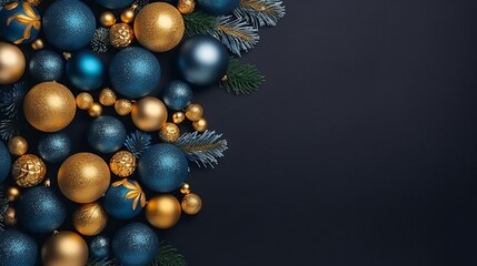 Naklejka na ściany i meble Christmas frame top border made of fir tree branches with golden and blue balls. Surprise for New Year or Christmas. New Year concept. Decor concept. Celebrate concept. Magic concept. 