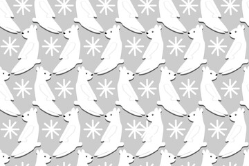 Cute winter season white polar bear and snowfall of the snowy snowflakes. Cool Christmas party. Animals. Seamless vector pattern for design and decoration.