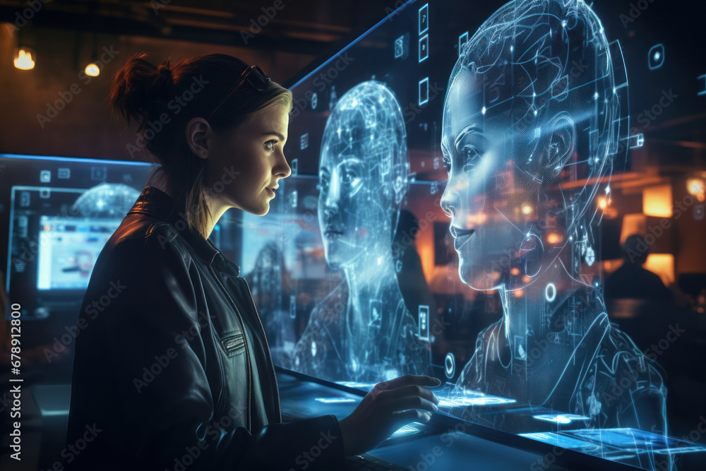 Poster a futuristic social media concept where users interact with holographic projections to exchange idea