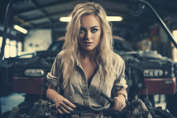 Attractive blond female mechanic posing with car in auto repair workshop. Generative AI.