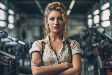 Fototapeta na wymiar Woman mechanic inspecting car engine, female automotive technician examining vehicle. Generative AI.