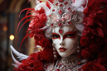 Elaborate masks adorned with feathers and jewels, a hallmark of the Carnival of Venice, celebrate the city's rich history and tradition. Generative Ai.