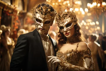 Fototapeten A masquerade ball at a Venetian palace, where guests don elegant costumes and masks, echoing the opulence of centuries past. Generative Ai. © Sebastian