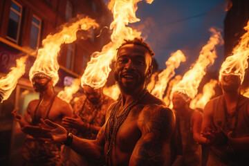 A vibrant and dynamic street performance featuring fire dancers, illustrating the fusion of ancient...