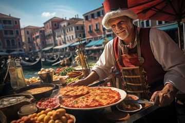 A Venetian street food vendor offering delectable local treats to Carnival attendees, showcasing the city's culinary delights. Generative Ai.