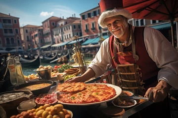 Keuken spatwand met foto A Venetian street food vendor offering delectable local treats to Carnival attendees, showcasing the city's culinary delights. Generative Ai. © Sebastian