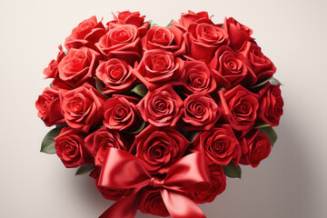 A heart-shaped bouquet of red roses, the quintessential symbol of love, presented on Valentine's Day. Generative Ai.