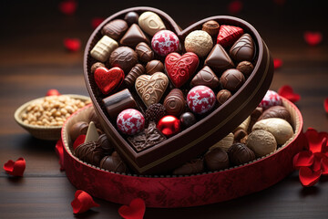 A heart-shaped box filled with an assortment of chocolates, ready to be gifted to a loved one on this special day. Generative Ai.