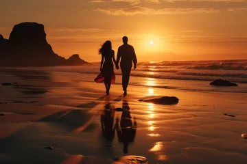 Crédence de cuisine en verre imprimé Coucher de soleil sur la plage A couple strolling hand in hand along a picturesque beach at sunset, savoring the romance of Valentine's Day. Generative Ai.